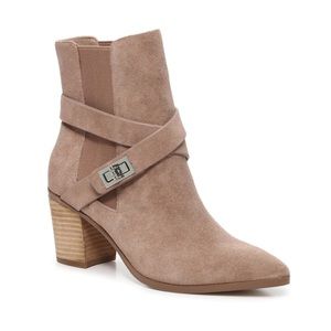 Charles David Women's Elude Cross Strap Suede Point Toe Booties in Taupe Suede